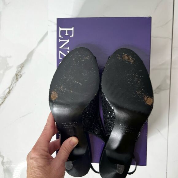 Enzo Angiolini Hitch X3 Black Sequin Shiny Satin Ankle Buckle Peep Toe Heels - Picture 16 of 16